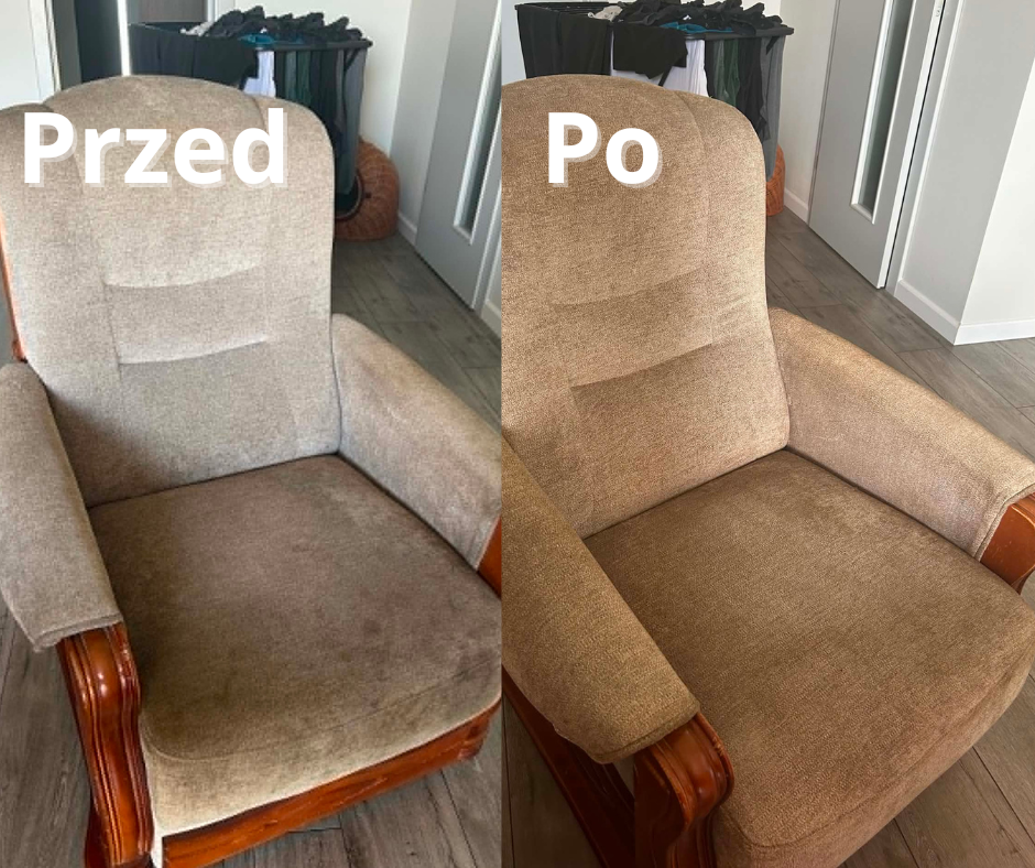 Pranie fotela po alkoholu słodkich napojach i pocie - przed i po